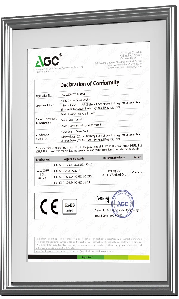 Sunpal's EU CE Certification and RoHS Environmental Compliance Declaration Certificate (Declaration of Conformity)