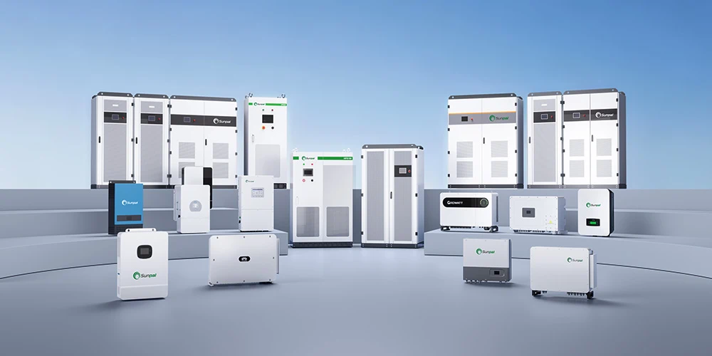 The Sunpal photovoltaic inverter product family photo showcases a complete range of products, from 3kW residential single-phase hybrid inverters to 100kW+ commercial and industrial three-phase string inverters.