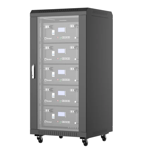 Black floor-standing battery cabinet with a glass front and wheels.