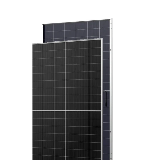 Front and back display of a high-efficiency monocrystalline solar panel with a silver frame.