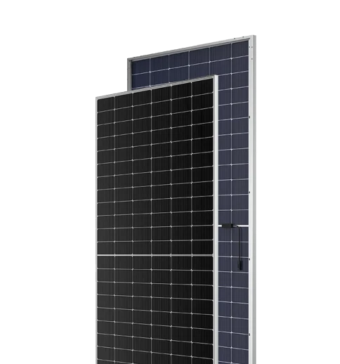Front and back view of a high-power bifacial solar panel with a silver frame and double glass construction.