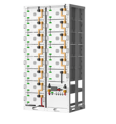 White industrial battery rack with two columns of stacked lithium modules connected by orange busbars.