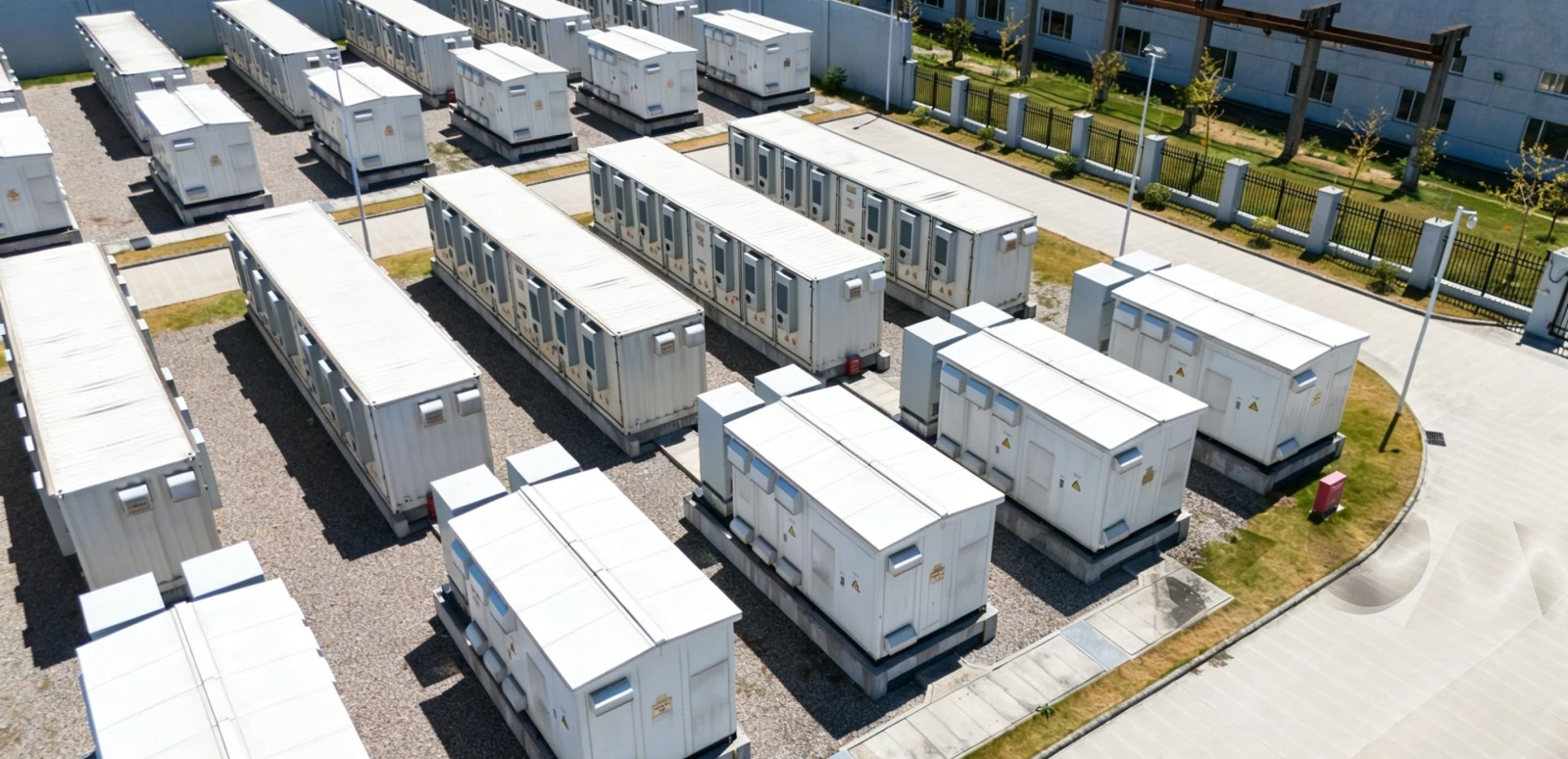 Rows of industrial-grade solar battery storage containers and ground-mounted panels in a logistics facility.