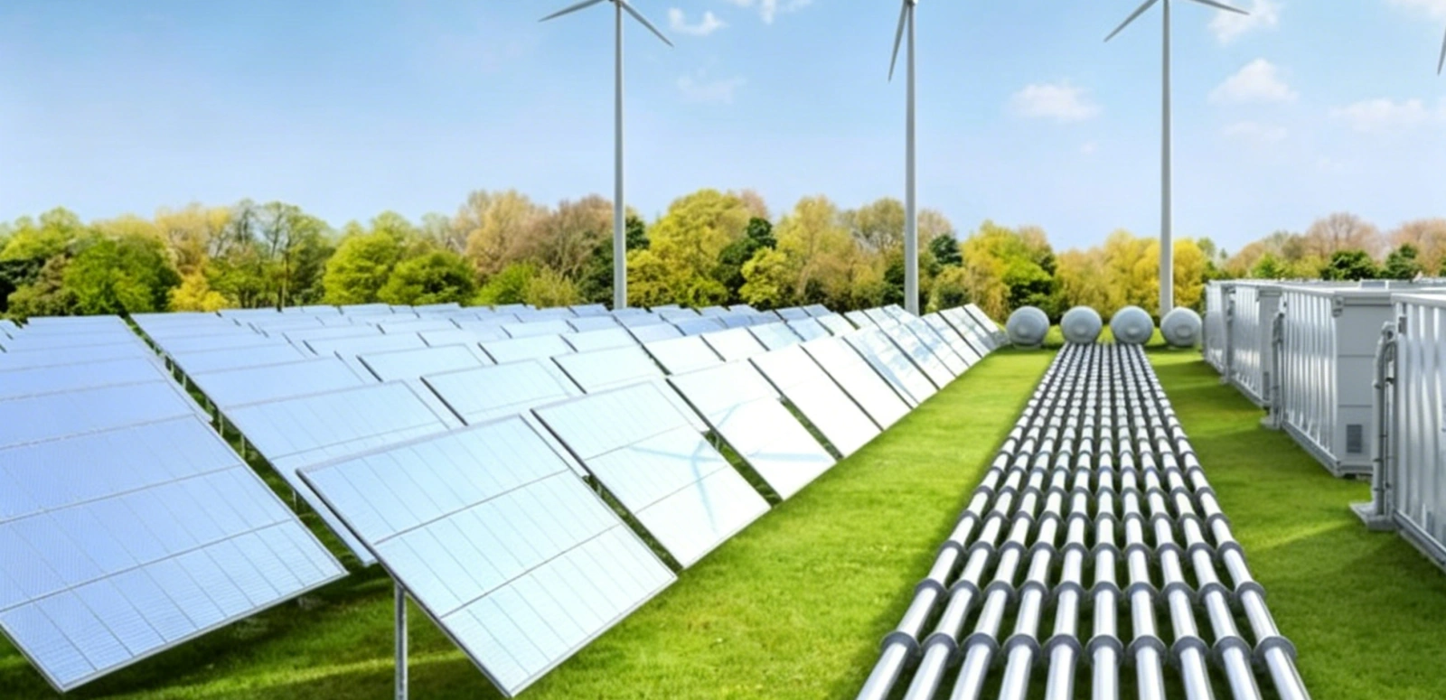 Ground-mounted solar panels in a green field integrated with wind turbines and energy storage containers.