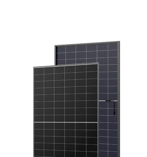 Front and back view of a compact, full black N-type solar panel with a sleek black frame.