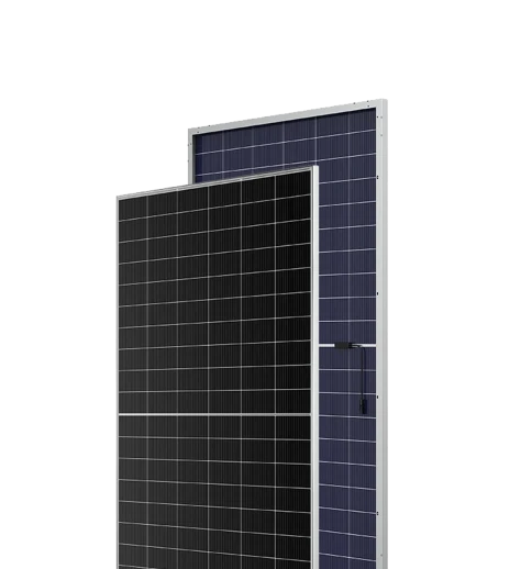 Front and back view of an HJT bifacial solar panel with a silver frame and high-density cell layout.