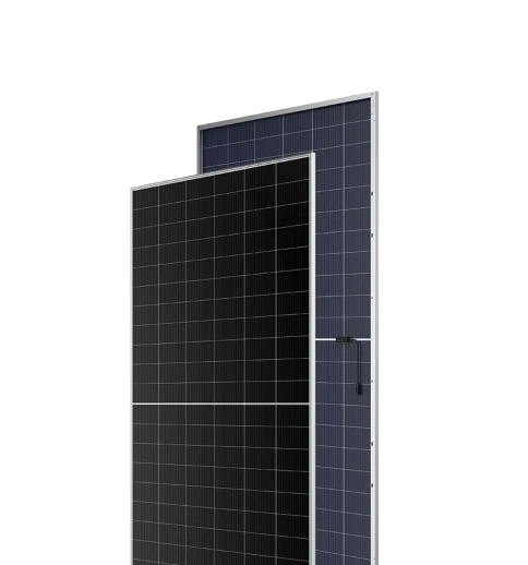 Front and back view of a high-power bifacial HJT solar panel with a silver frame and double glass structure.