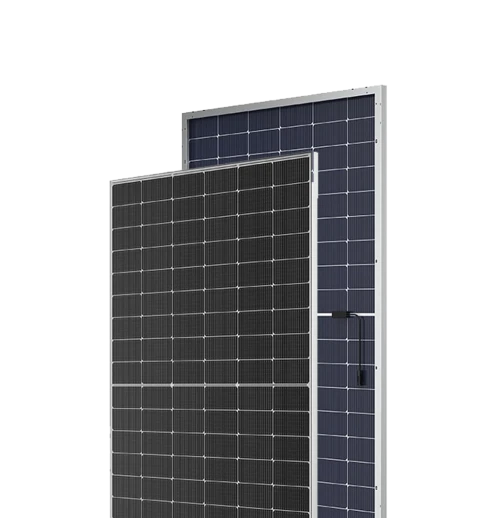 Front and rear view of a double glass bifacial PV panel with a silver frame and high-efficiency solar cells.
