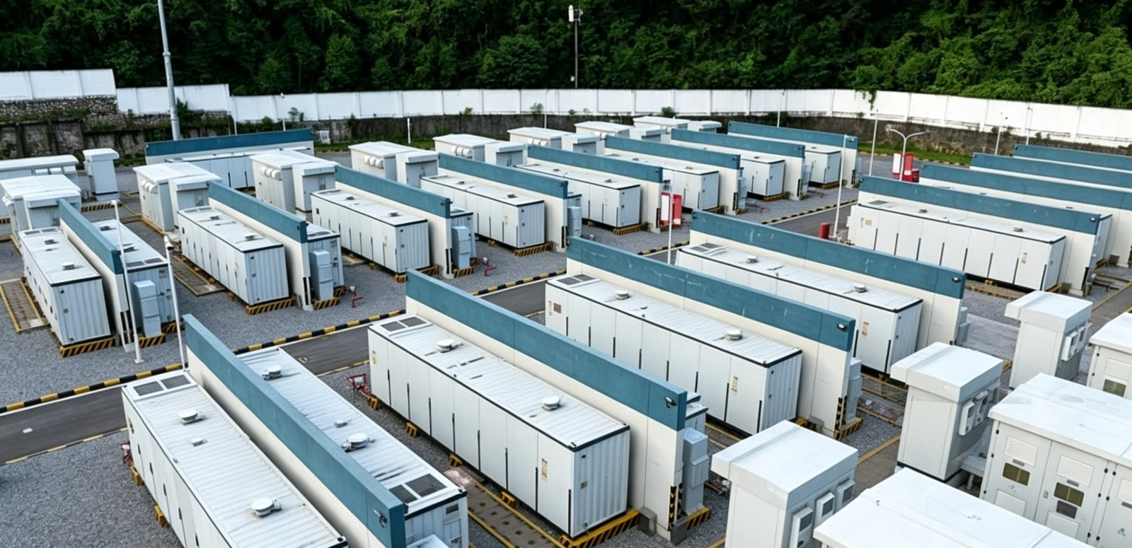 Multiple rows of white industrial energy storage containers and solar infrastructure in a remote facility.
