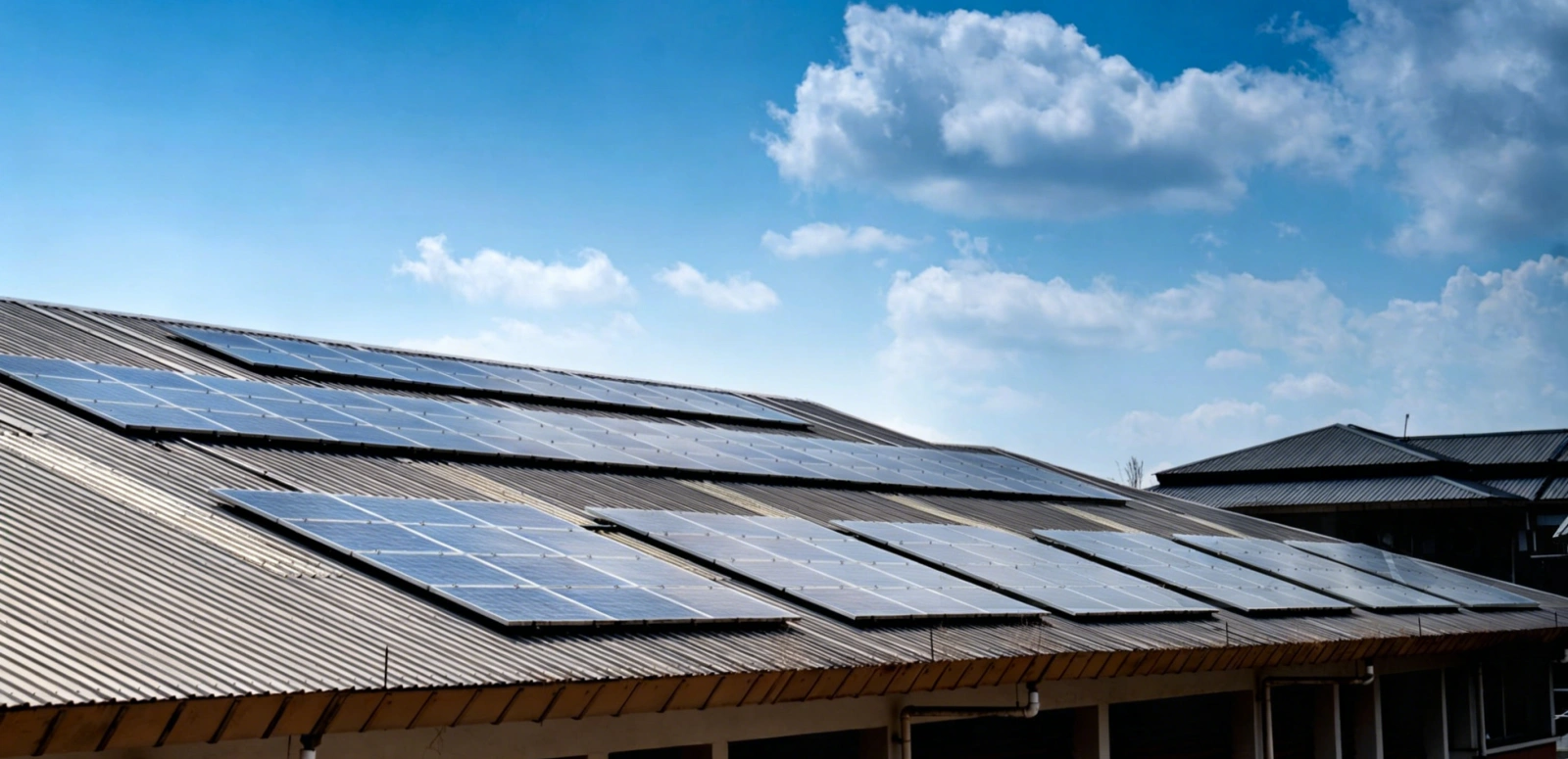 Solar panels installed on a residential roof under a blue sky.