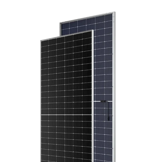 Dual-sided view of an N-type bifacial double glass solar panel with a silver aluminum frame.