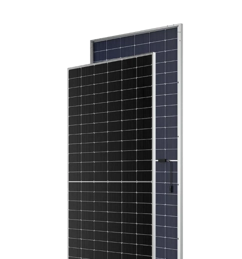 Front and back view of a high-efficiency N-Type bifacial solar panel with a silver frame.