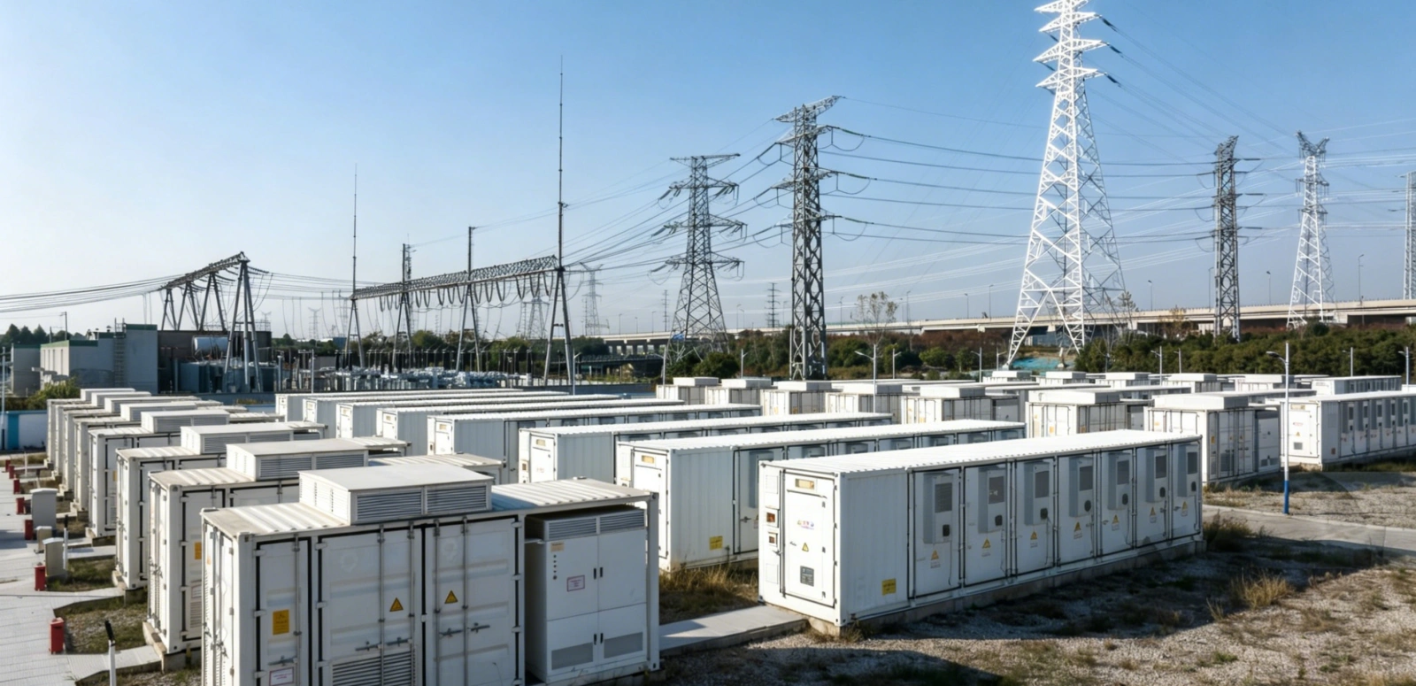 Rows of ground-mounted solar panels in an industrial field near power lines.