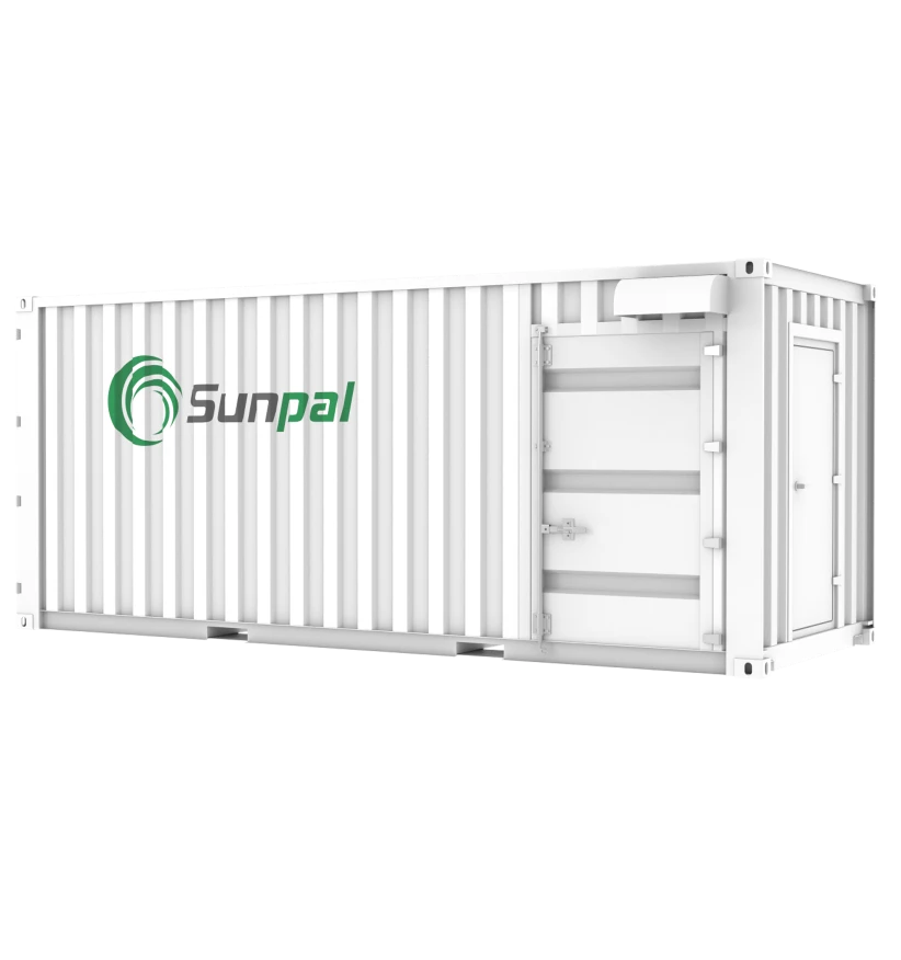 Three-quarter perspective view of a large white shipping container energy storage system featuring the green Sunpal logo on corrugated side panels, an access door with a top ventilation hood, and a standard side entry door, isolated on a white background.