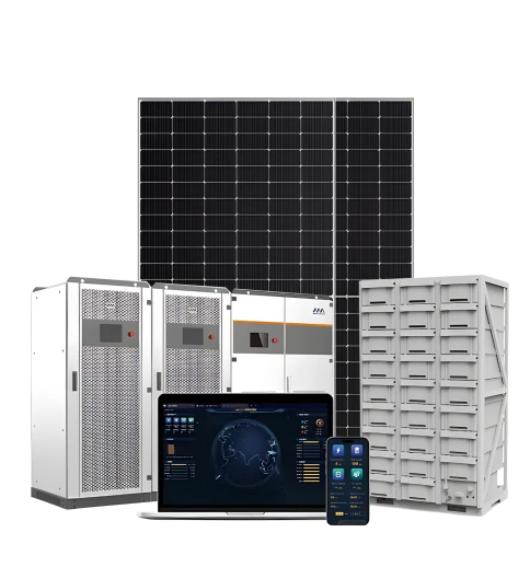 Front view of an industrial microgrid energy system layout featuring a grid of black solar panels in the background, three large white metal control cabinets and a tall gray battery storage rack in the midground, and an open laptop alongside a smartphone displaying digital energy monitoring interfaces in the immediate foreground, isolated on a white background.