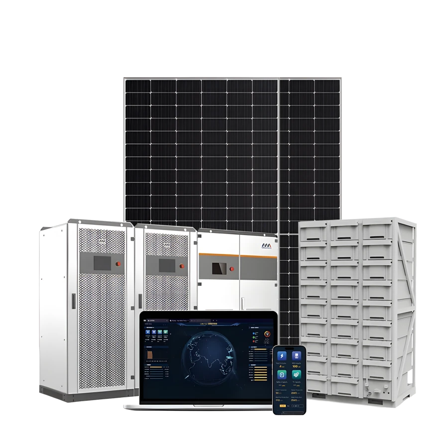 Front view of an industrial microgrid energy system layout featuring a grid of black solar panels in the background, three large white metal control cabinets and a tall gray battery storage rack in the midground, and an open laptop alongside a smartphone displaying digital energy monitoring interfaces in the immediate foreground, isolated on a white background.