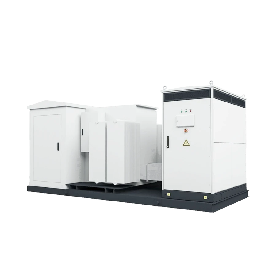 Three-quarter perspective view of a large, industrial white skid-mounted inverter-booster integration system featuring a central transformer unit flanked by enclosed control and switchgear cabinets on a dark metal base, isolated on a white background.