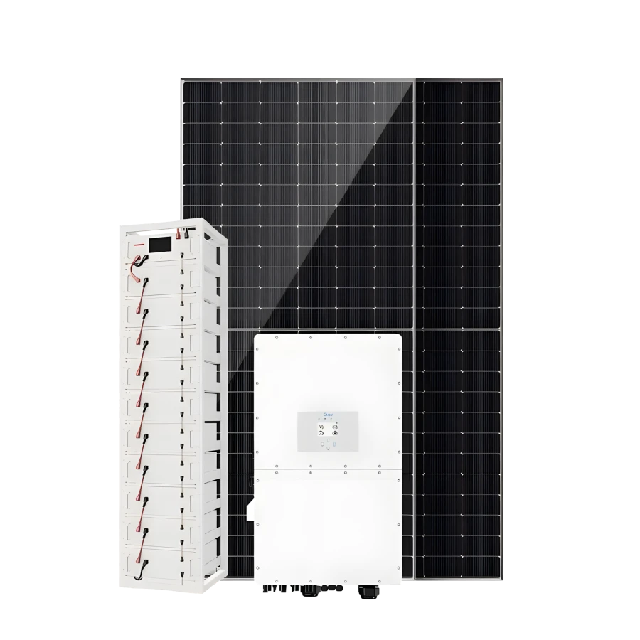 Front view of a complete hybrid solar system setup featuring a large grid of black solar panels in the background, a white Deye hybrid inverter in the center foreground, and a tall, vertical white open rack stacked with a high-voltage lithium battery modules on the left, isolated on a white background.