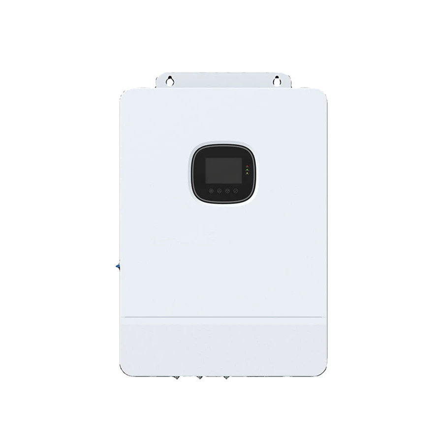 White wall-mounted inverter with a front display.
