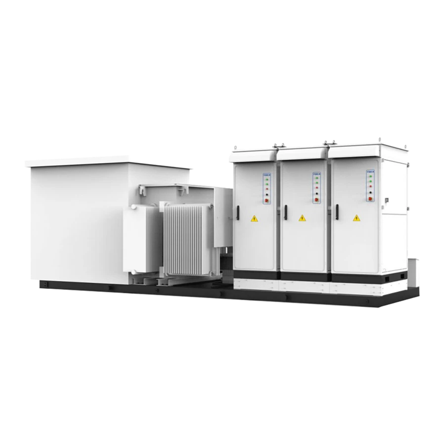 Three-quarter perspective view of a large, industrial white skid-mounted centralized PV inverter system, showing an open-air transformer unit on the left and three enclosed vertical control cabinets with yellow electrical hazard symbols on the right, isolated on a white background.