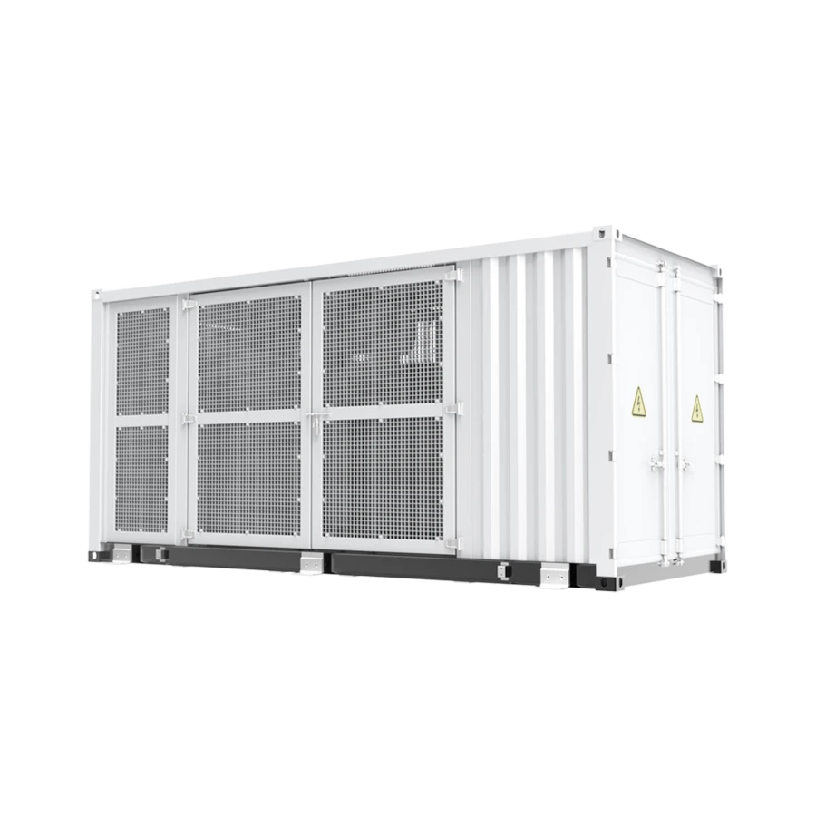 Three-quarter perspective view of a large white containerized central transformer station featuring secure front mesh double doors, ribbed side panels, and end cargo doors labeled with yellow electrical hazard symbols, isolated on a white background.