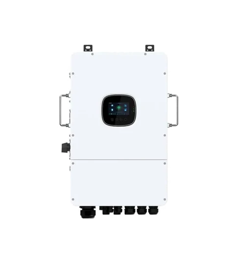 Front view of a white Sunpal 8kW to 12kW split-phase hybrid inverter, featuring metal side handles and a central rounded digital touchscreen display, isolated on a white background.