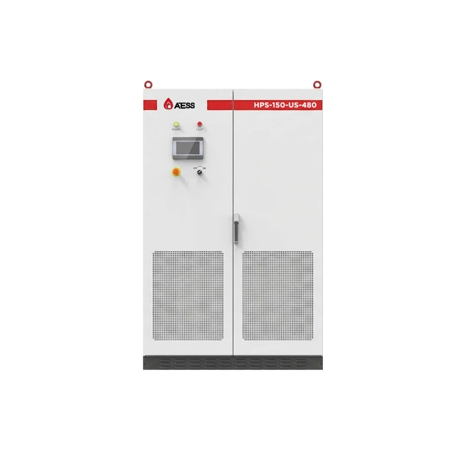 Front view of a white ATESS industrial hybrid inverter cabinet featuring a red upper accent strip labeled HPS-150-US-480, two large lower ventilation grilles, a central door handle, and a digital touch interface on the left with indicator lights and a yellow button, isolated on a white background.
