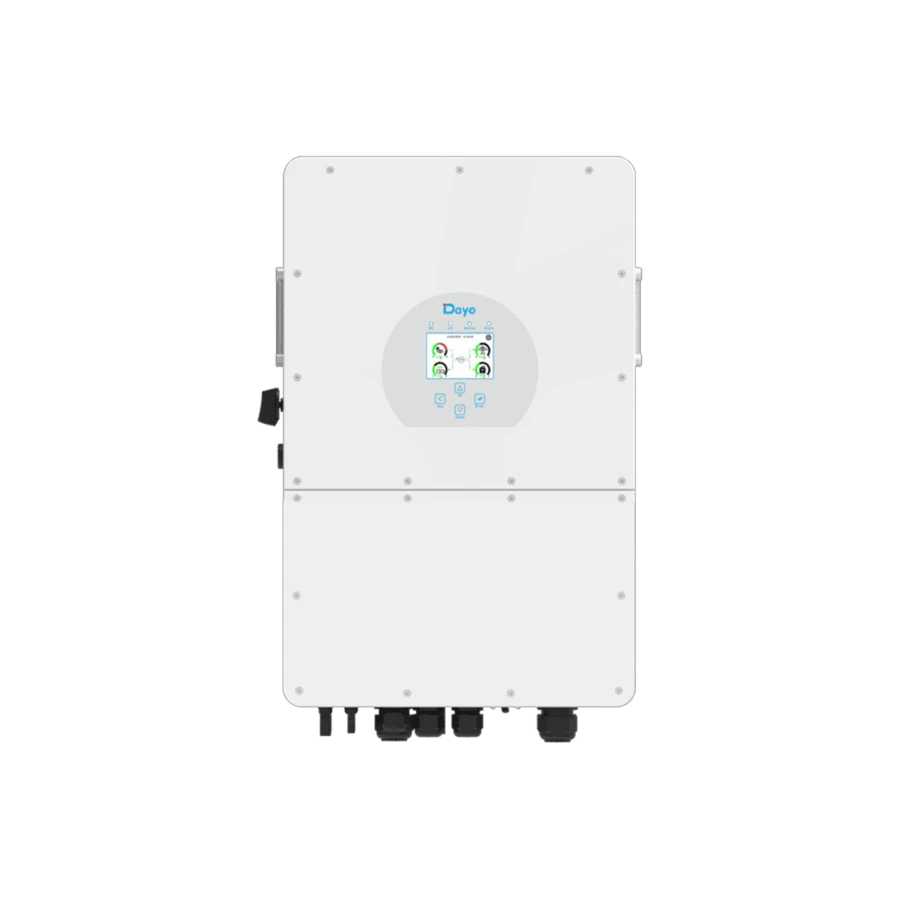 Front view of a white Deye 10kW to 25kW three-phase energy inverter featuring a central circular control panel with a digital display screen, isolated on a white background.