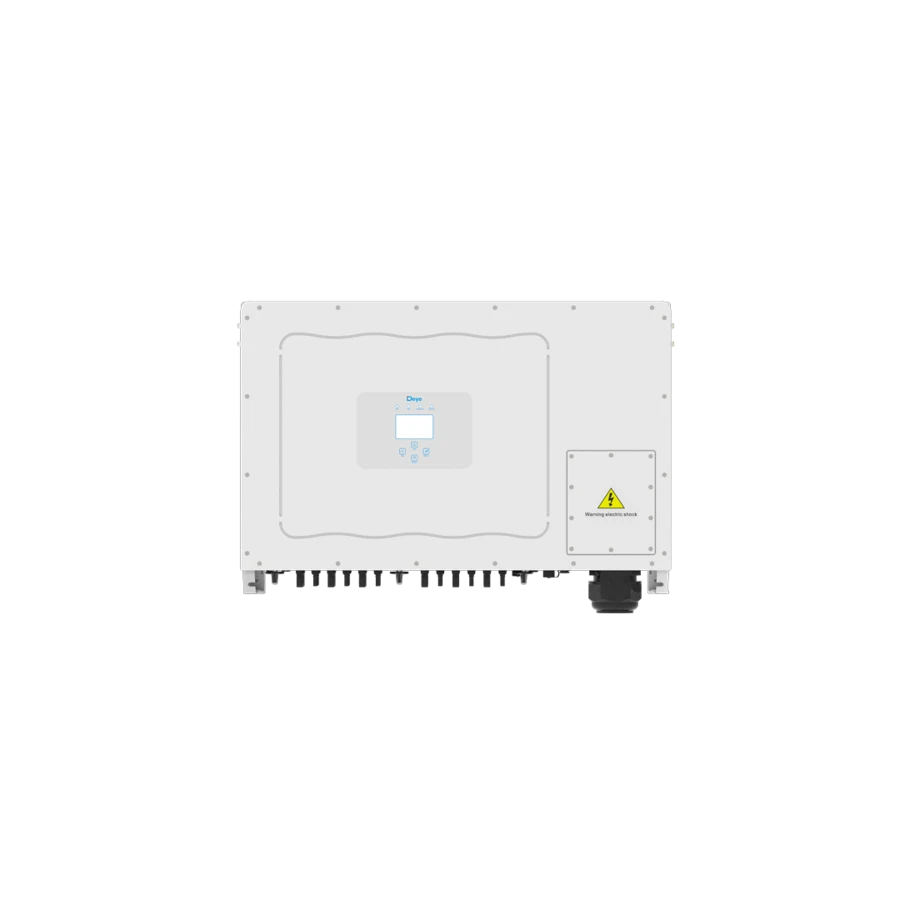 Front view of a white, horizontally oriented Deye three-phase string inverter with a central square control panel and display screen, a yellow electric shock warning label on the lower right, and multiple wiring terminals along the bottom, isolated on a white background.