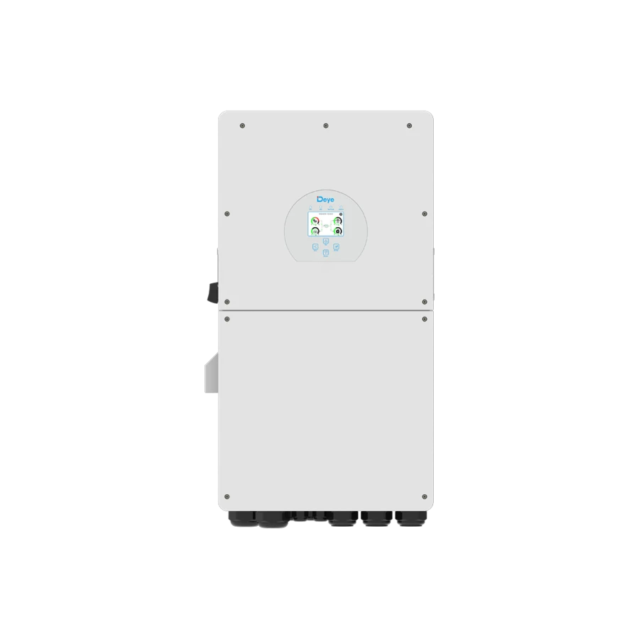 Front view of a white Deye 12kW hybrid solar inverter with a central circular light-blue control interface and digital screen, isolated on a white background.