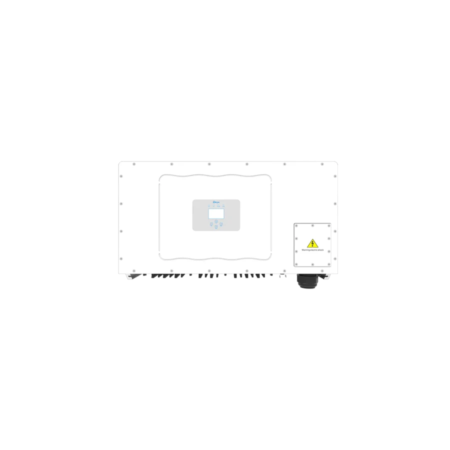 Front view of a white, horizontally oriented Deye three-phase string inverter with an orange brand logo on the upper left, a small rectangular digital interface in the center, and black bottom connections, isolated on a white background.