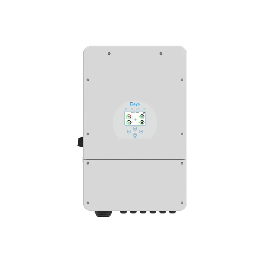 Front view of a Deye 14kW to 18kW multi-battery inverter with a central circular display screen showing system diagnostics, isolated on a white background.