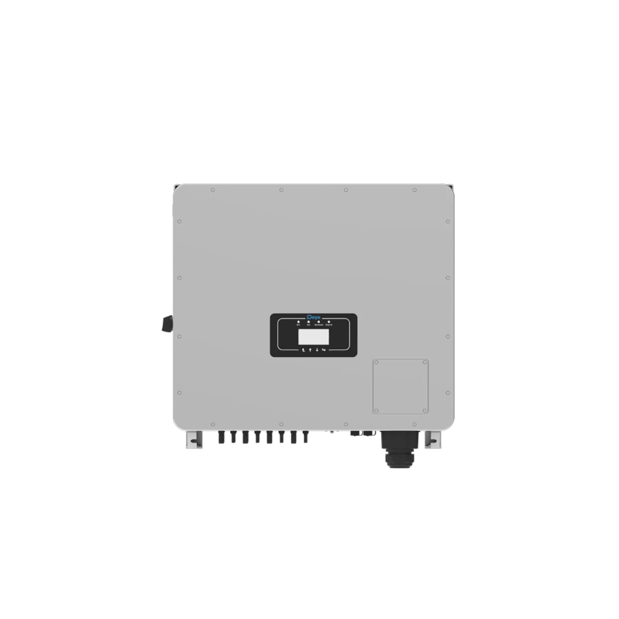 Front view of a square Deye three-phase low-voltage solar inverter featuring a small central rectangular black interface with a digital screen and indicator lights, isolated on a white background.
