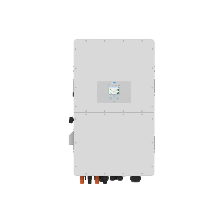 Front view of a Deye 50kW commercial three-phase hybrid inverter with a central rectangular digital control screen and colored wiring terminals visible at the bottom, isolated on a white background.