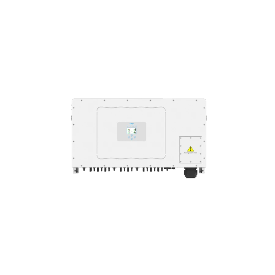 Front view of a white, horizontally oriented Deye three-phase low-voltage solar inverter featuring a central rectangular gray control panel with a digital display and status indicators, isolated on a white background.