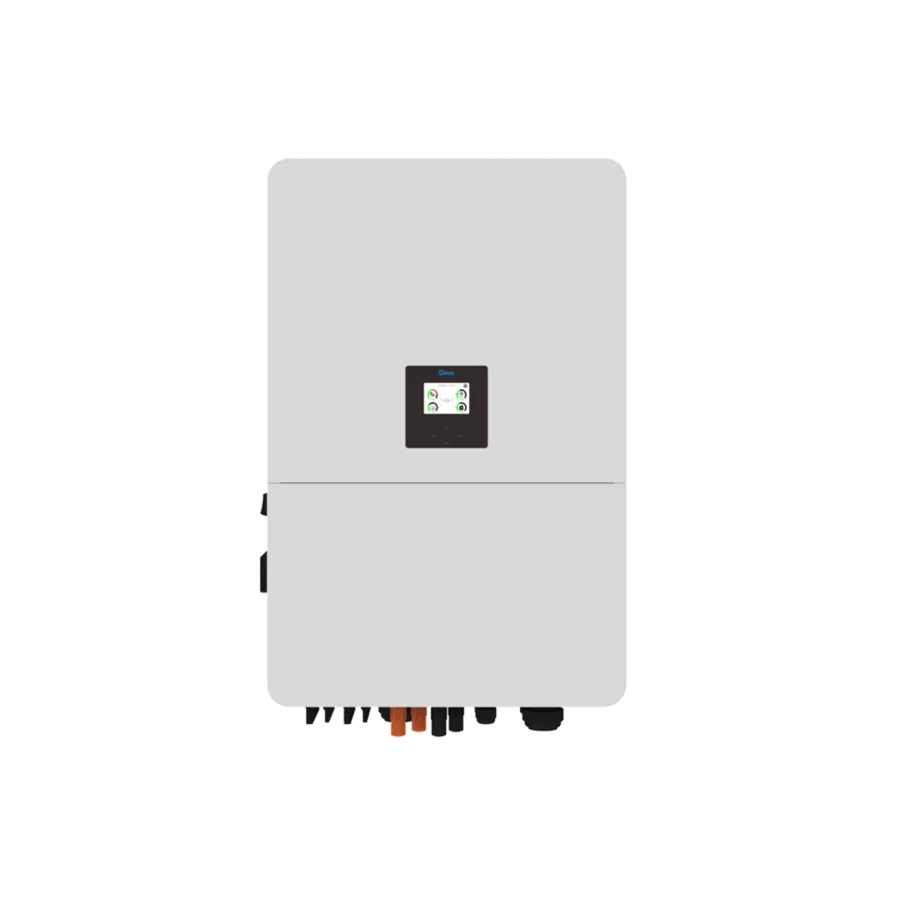 Front view of a Deye three-phase hybrid inverter featuring a small, central square black display screen and bottom wiring terminals, isolated on a white background.