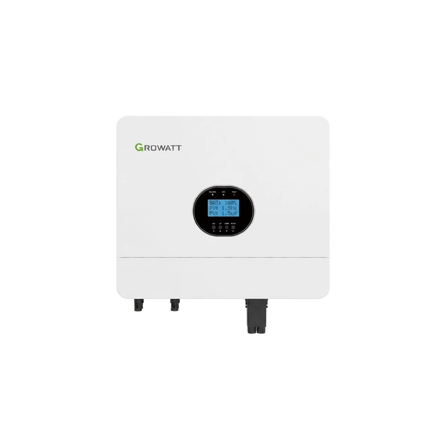 Front view of a white Growatt 6kW single-phase off-grid solar inverter featuring a central round digital display screen against a transparent background.