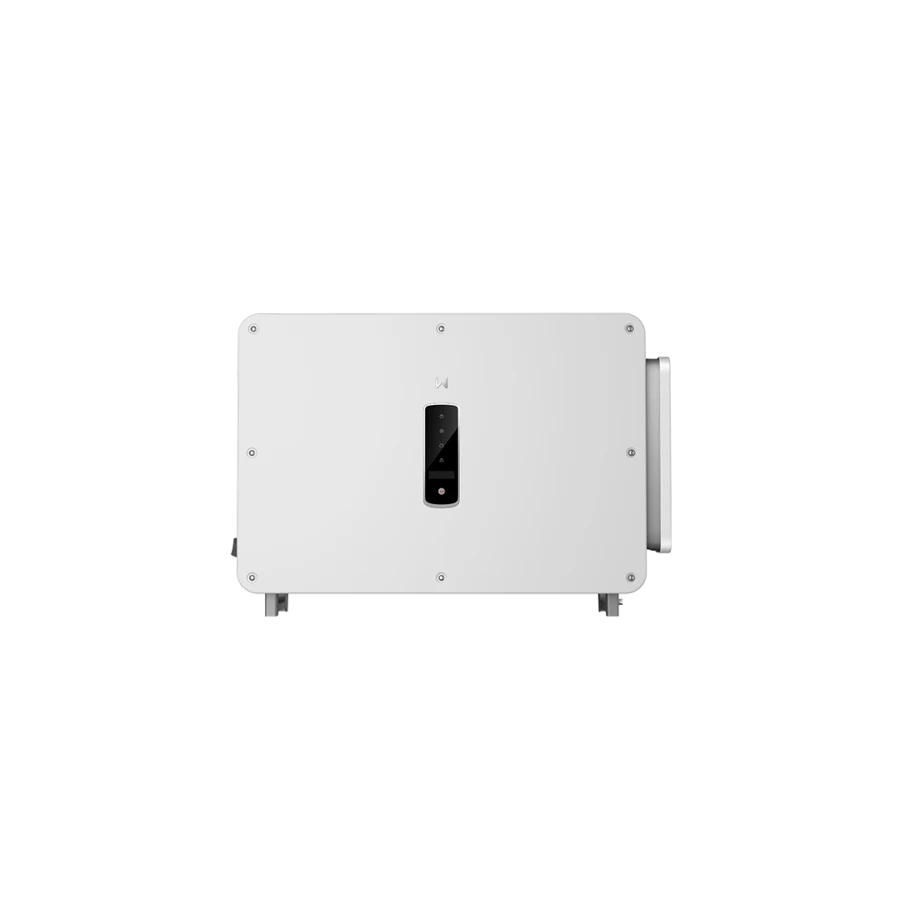 Front view of a white, horizontally oriented GoodWe three-phase commercial solar inverter featuring a central vertical black strip with status indicator lights and a small silver logo above it, isolated on a white background.
