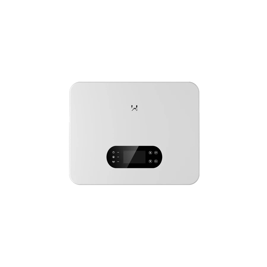 Front view of a white, rectangular GoodWe hybrid solar inverter with a metallic logo at the top and a lower oval-shaped black control panel housing a digital screen and status indicator icons, isolated on a white background.