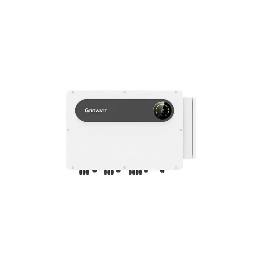 Front view of a white, horizontally oriented Growatt 100kW to 125kW three-phase PV inverter featuring a long, black upper strip with the brand logo and a round digital indicator on the right, isolated on a white background.