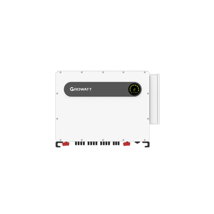 Front view of a white, horizontally oriented Growatt 320kW to 350kW utility-scale PV inverter with a central dark gray strip displaying the logo and a circular green indicator light, isolated on a white background.