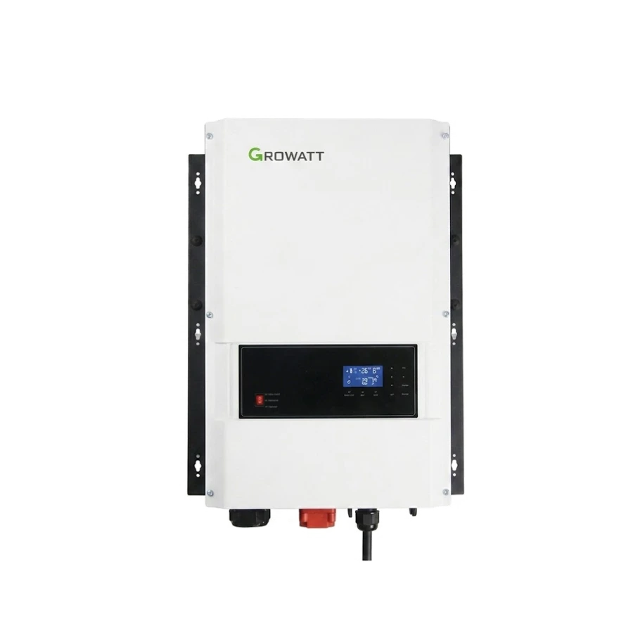 Front view of a white Growatt 4-12kW residential off-grid solar inverter with a lower black panel housing a rectangular blue digital display screen, isolated on a white background.