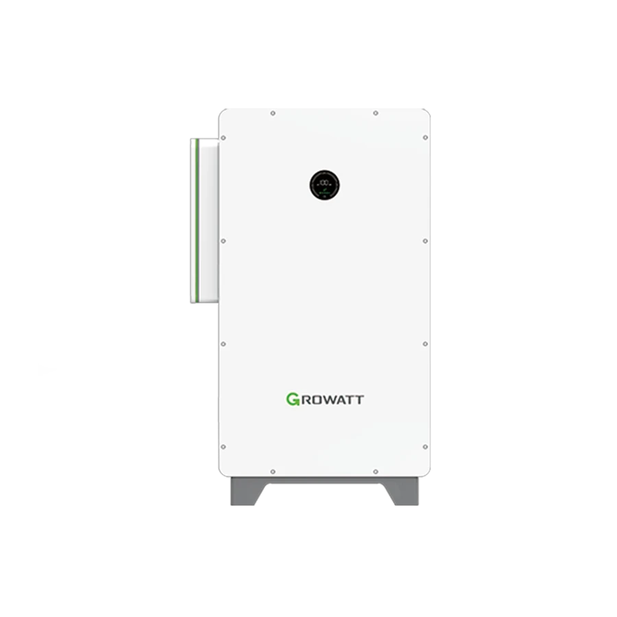 Front view of a white, horizontally oriented Growatt three-phase hybrid inverter with a black upper banner across the top displaying the logo and a circular status light on the right, isolated on a white background.