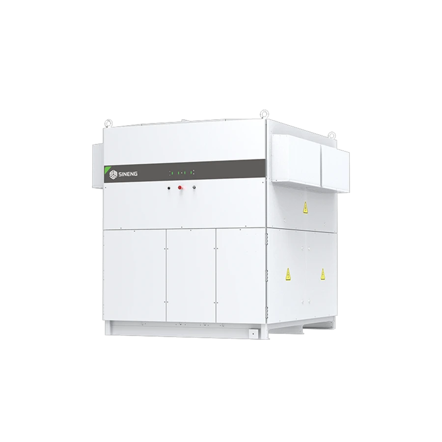 Three-quarter perspective view of a white Sineng large-scale industrial central power inverter cube cabinet featuring side-mounted cooling protrusions, a horizontal black accent band with the brand logo, a red button, and lower access doors with yellow electrical safety labels, isolated on a white background.