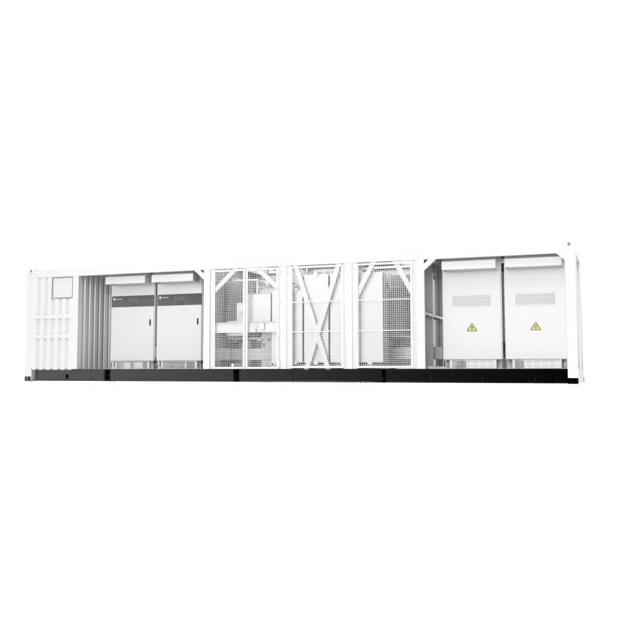 Three-quarter perspective view of an elongated white containerized 9.6MVA turnkey power conversion system featuring protective center wire mesh gates and interior electrical cabinets labeled with yellow hazard symbols, isolated on a white background.