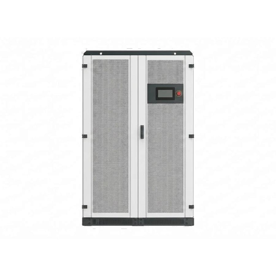 Front view of a large, industrial Megarevo hybrid inverter cabinet with two gray mesh front doors, a central vertical handle, and a black control panel on the upper right housing a digital screen and a red emergency stop button, isolated on a white background.