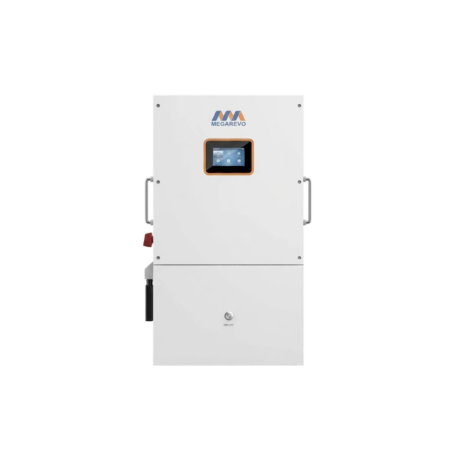 Front view of a white Megarevo split-phase hybrid inverter featuring side metal handles, a central touchscreen display with an orange border, and an ON/OFF button at the bottom, isolated on a white background.
