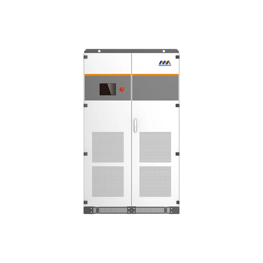 Front view of a white and gray industrial Megarevo power conversion system cabinet featuring two double doors with bottom ventilation grilles, a central handle, a gray upper band with the brand logo, a digital touch display, and a red emergency stop button, isolated on a white background.