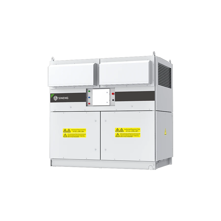Three-quarter perspective view of a white Sineng outdoor industrial central power inverter cabinet featuring a horizontal black accent band with the brand logo, upper protruding ventilation covers, and lower access doors marked with yellow electrical safety labels, isolated on a white background.
