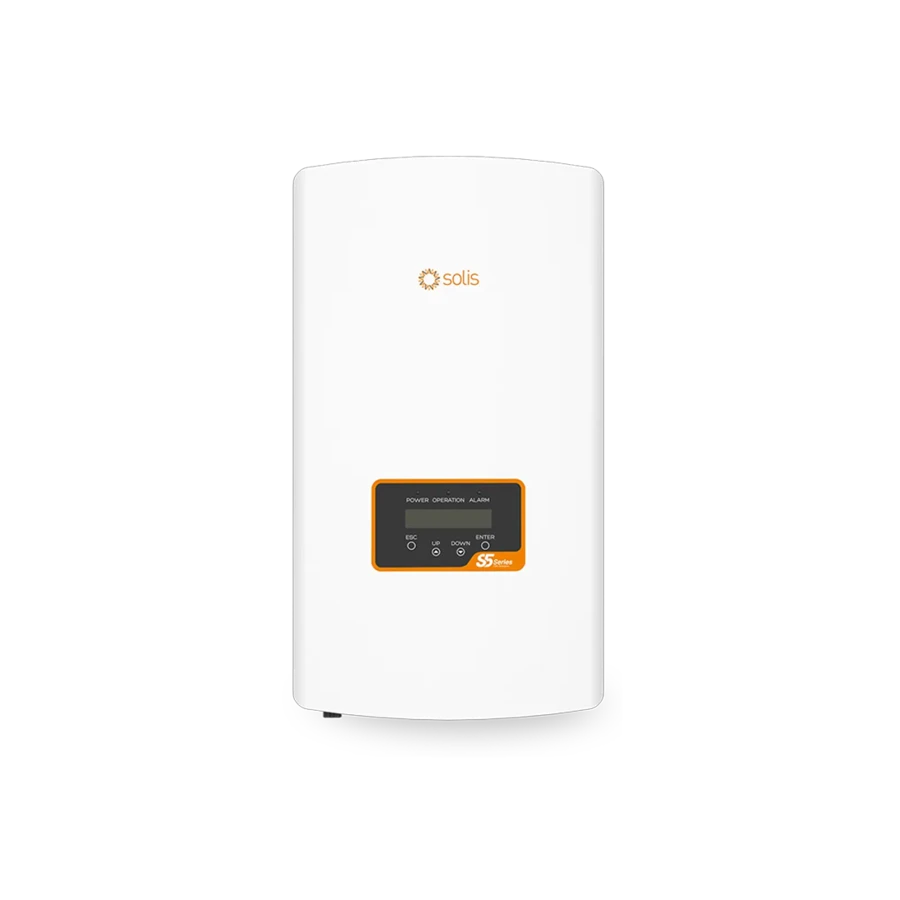 Front view of a white, vertically oriented Solis string inverter with an orange brand logo near the top and a small rectangular display interface framed in orange at the bottom, isolated on a white background.